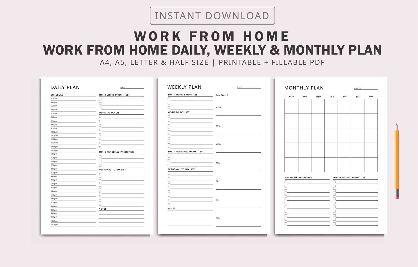 Work From Home - Daily Planner, Weekly Planner, Monthly Planner, Instant Download, A4/A5/Letter/Half Size Ezze Planova