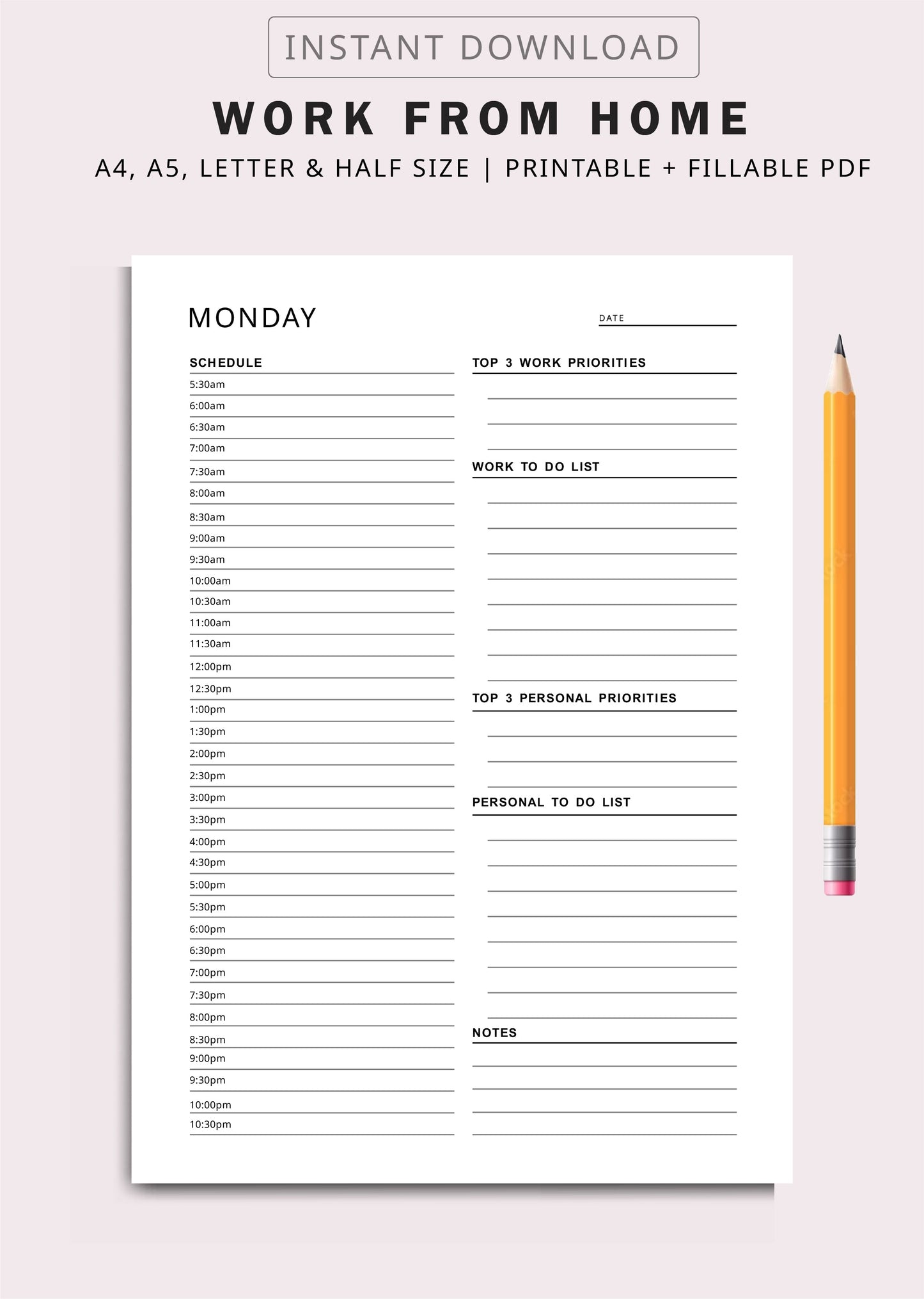 Work from Home Planner – Personal Daily Schedule | Hourly Digital Planner | Instant Download | Available in A5, A4, Letter & Half Letter Sizes Ezze Planova