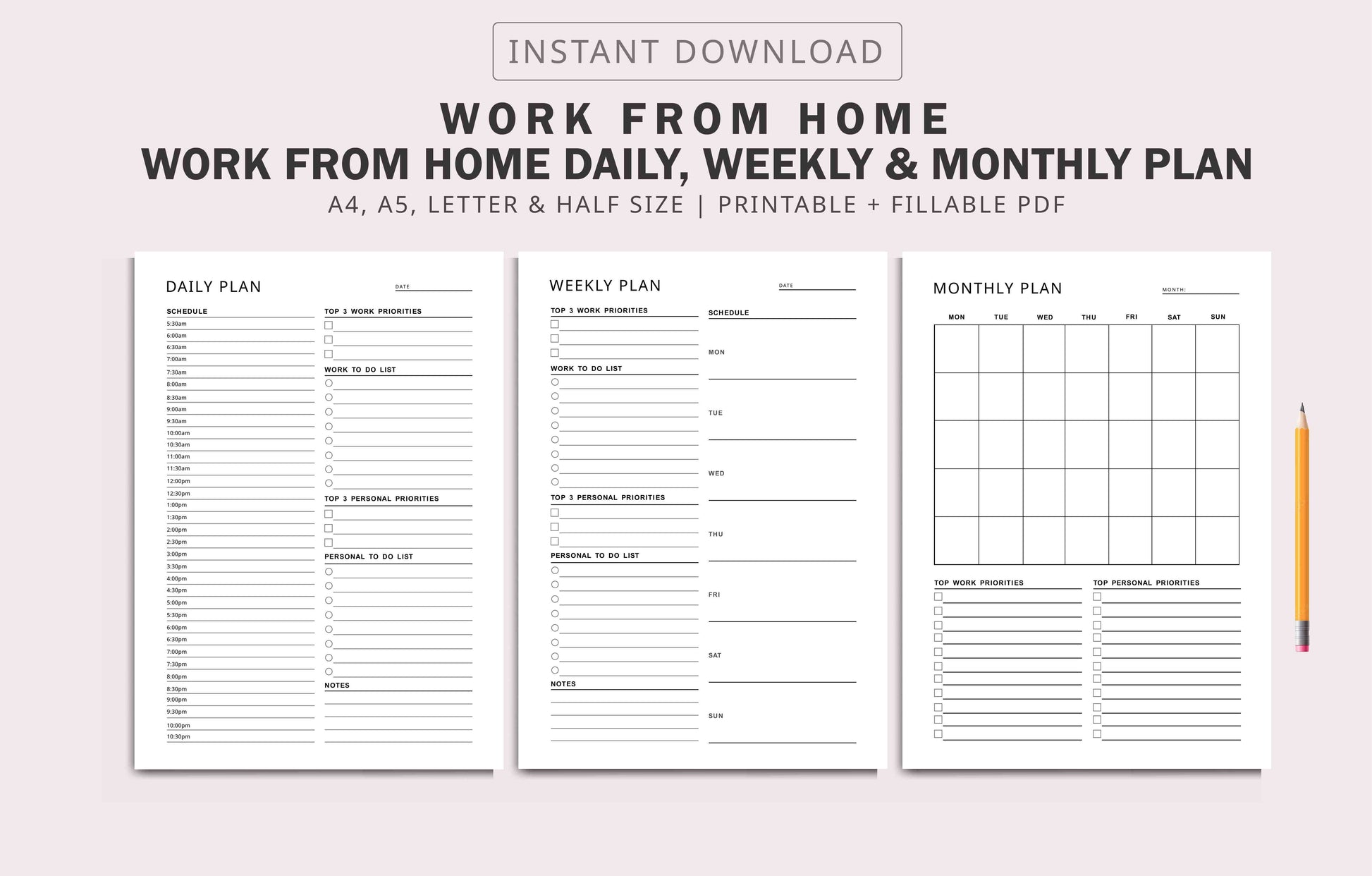 Work From Home - Daily Planner, Weekly Planner, Monthly Planner, Instant Download, A4/A5/Letter/Half Size Ezze Planova